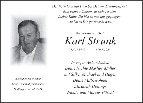 Traueranzeige von Karl Strunk von Deister- und Weserzeitung