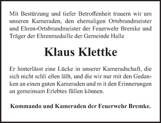 Traueranzeige von Klaus Klettke von Deister- und Weserzeitung