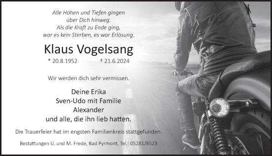 Traueranzeige von Klaus Vogelsang von Deister- und Weserzeitung