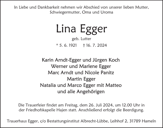 Traueranzeige von Lina Egger von Deister- und Weserzeitung