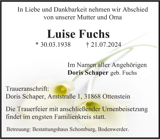 Traueranzeige von Luise Fuchs von Deister- und Weserzeitung