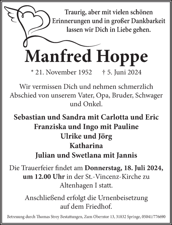 Traueranzeige von Manfred Hoppe von Neue Deister-Zeitung