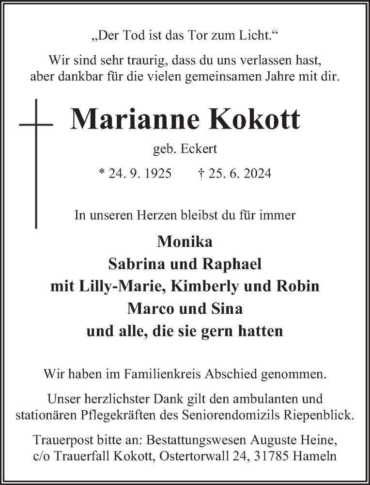  Traueranzeige für Marianne Kokott vom 06.07.2024 aus Deister- und Weserzeitung