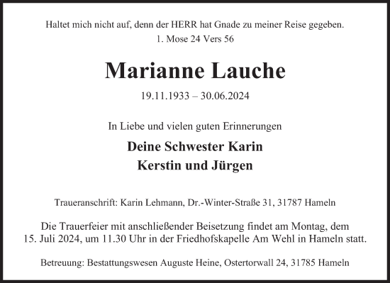 Traueranzeige von Marianne Lauche von Deister- und Weserzeitung