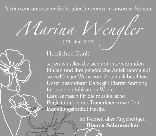 Traueranzeige von Marina Wengler von Neue Deister-Zeitung