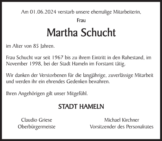 Traueranzeige von Martha Schucht von Deister- und Weserzeitung