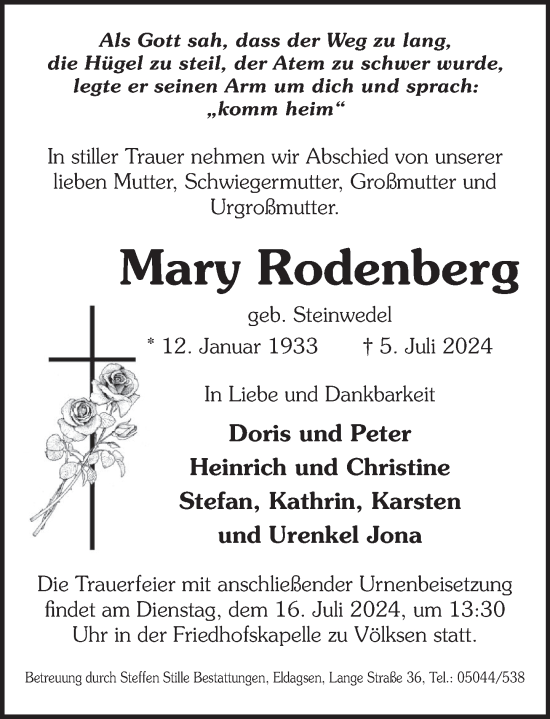 Traueranzeige von Mary Rodenberg von Neue Deister-Zeitung