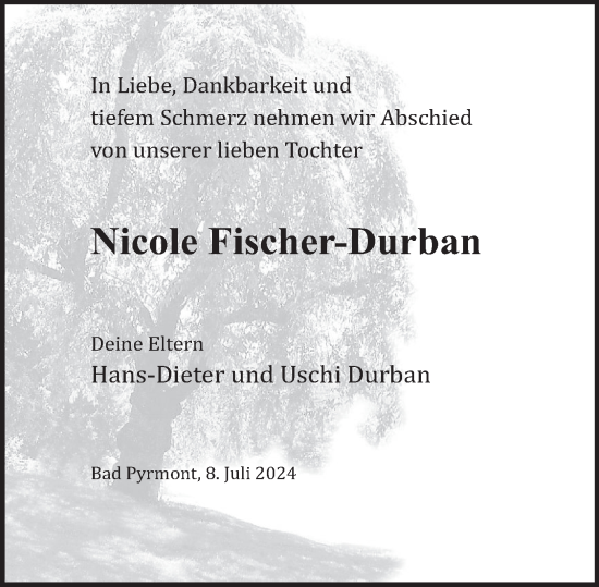 Traueranzeige von Nicole Fischer-Durban von Deister- und Weserzeitung