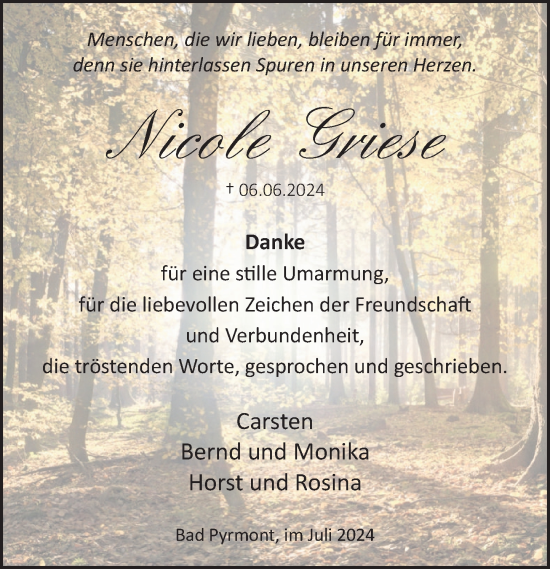 Traueranzeige von Nicole Griese von Deister- und Weserzeitung