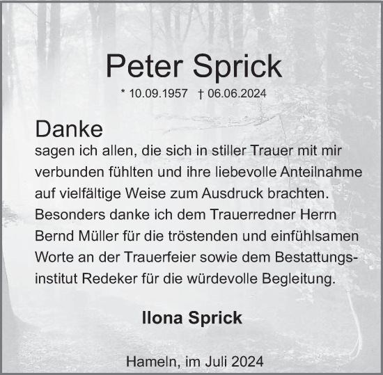 Traueranzeige von Peter Sprick von Deister- und Weserzeitung