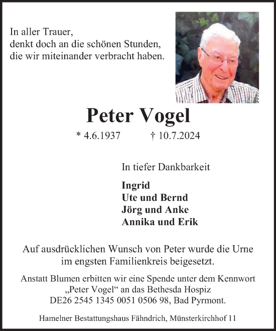 Traueranzeige von Peter Vogel von Deister- und Weserzeitung