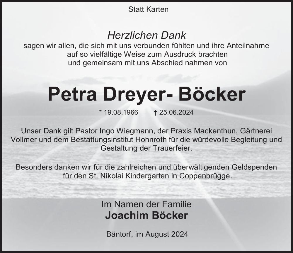  Traueranzeige für Petra Dreyer-Böcker vom 03.08.2024 aus Deister- und Weserzeitung