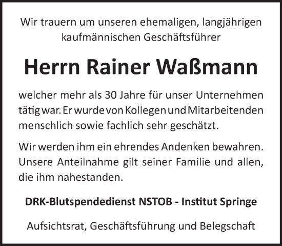 Traueranzeige von Rainer Waßmann von Neue Deister-Zeitung