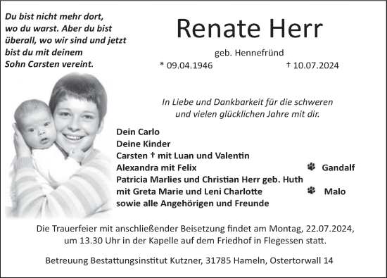 Traueranzeige von Renate Herr von Deister- und Weserzeitung