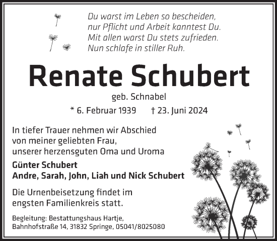 Traueranzeige von Renate Schubert von Neue Deister-Zeitung
