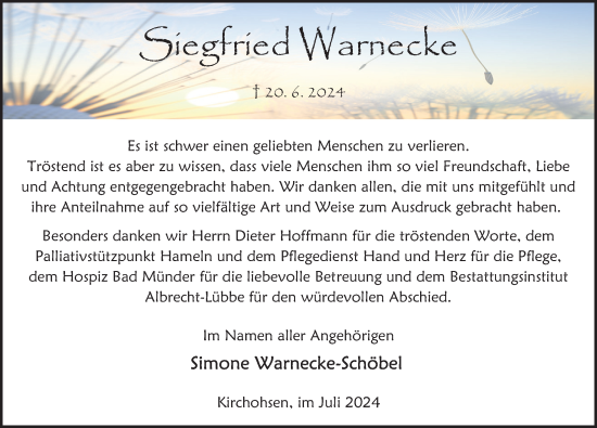 Traueranzeige von Siegfried Warnecke von Deister- und Weserzeitung