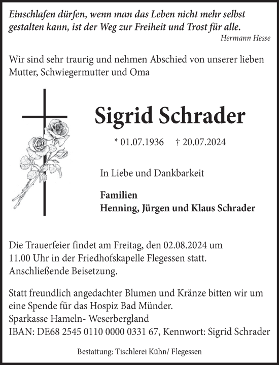 Traueranzeige von Sigrid Schrader von Neue Deister-Zeitung