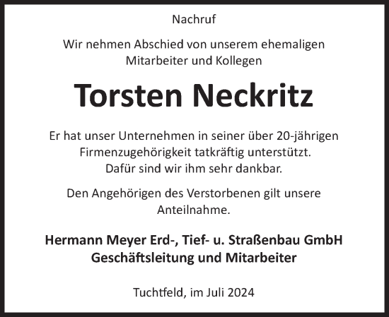 Traueranzeige von Torsten Neckritz von Deister- und Weserzeitung