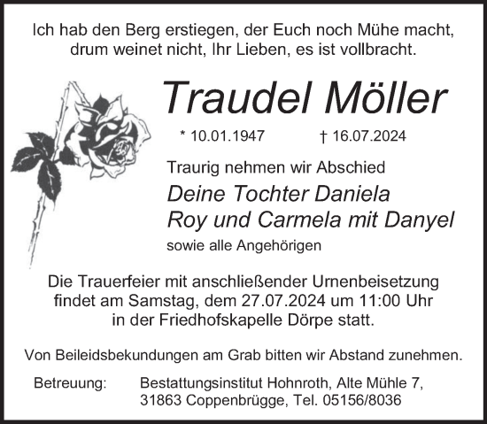 Traueranzeige von Traudel Möller von Deister- und Weserzeitung