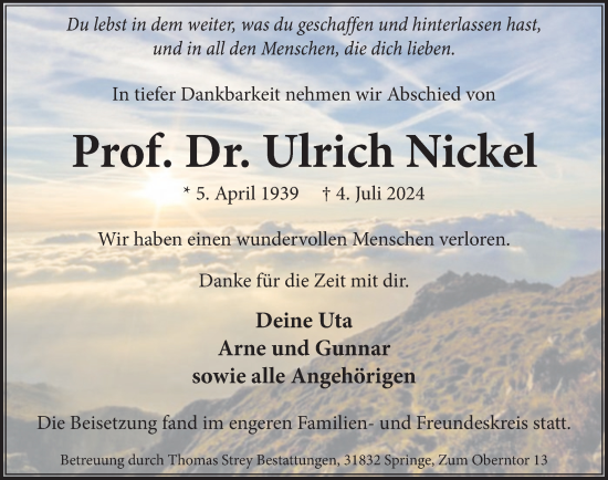 Traueranzeige von Ulrich Nickel von Neue Deister-Zeitung