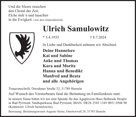 Traueranzeige von Ulrich Samulowitz von Deister- und Weserzeitung
