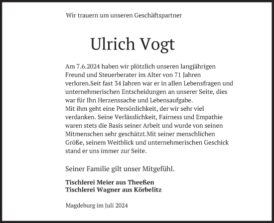 Traueranzeige von Ulrich Vogt von Deister- und Weserzeitung