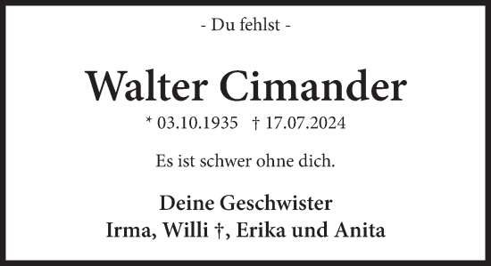 Traueranzeige von Walter Cimander von Deister- und Weserzeitung