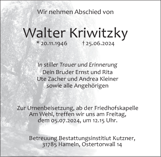 Traueranzeige von Walter Kriwitzky von Deister- und Weserzeitung
