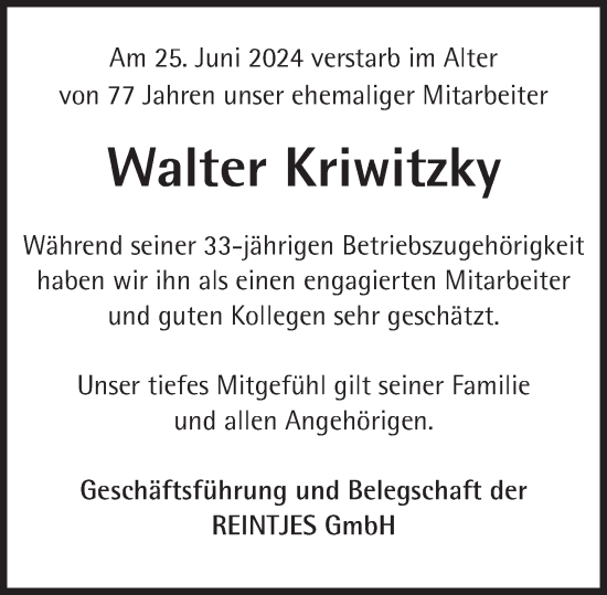 Traueranzeige von Walter Kriwitzky von Deister- und Weserzeitung