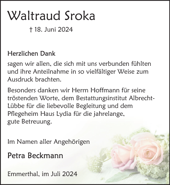 Traueranzeige von Waltraud Sroka von Deister- und Weserzeitung