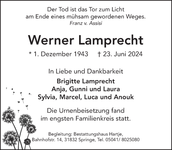 Traueranzeige von Werner Lamprecht von Neue Deister-Zeitung