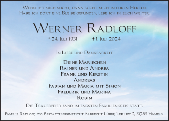Traueranzeige von Werner Radloff von Deister- und Weserzeitung