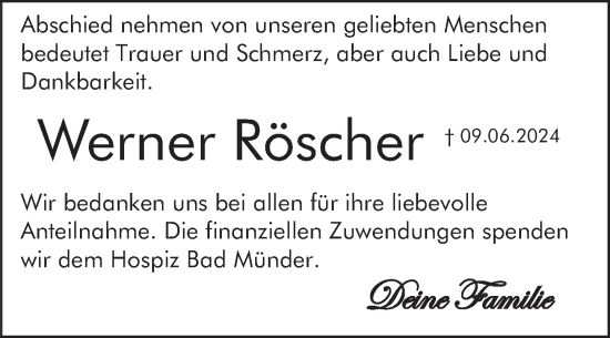 Traueranzeige von Werner Röscher von Deister- und Weserzeitung