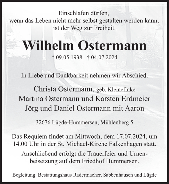Traueranzeige von Wilhelm Ostermann von Deister- und Weserzeitung