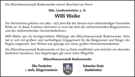 Traueranzeige von Willi Waike von Deister- und Weserzeitung