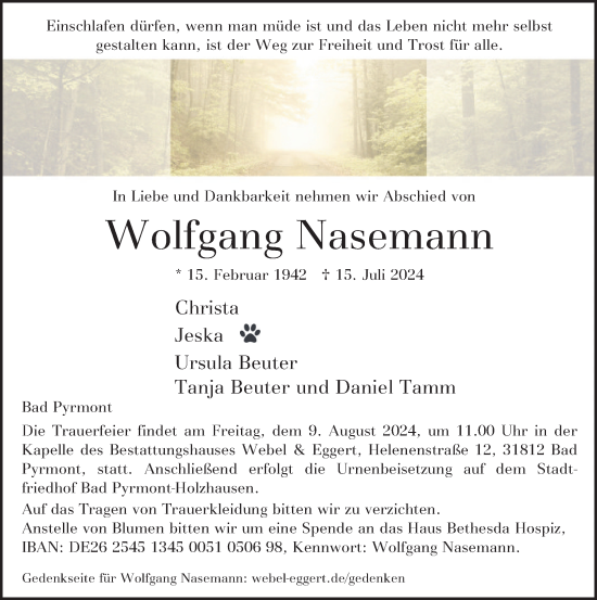Traueranzeige von Wolfgang Nasemann von Deister- und Weserzeitung