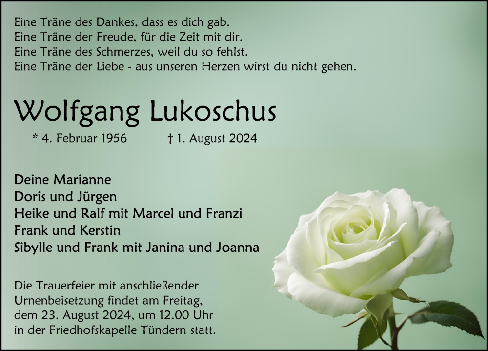  Traueranzeige für Wolfgang Lukoschus vom 17.08.2024 aus Deister- und Weserzeitung