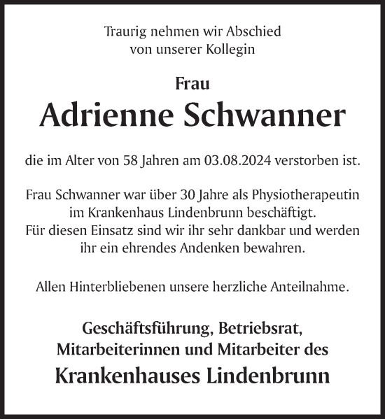 Traueranzeige von Adrienne Schwanner von Deister- und Weserzeitung