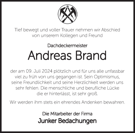Traueranzeige von Andreas Brand von Deister- und Weserzeitung