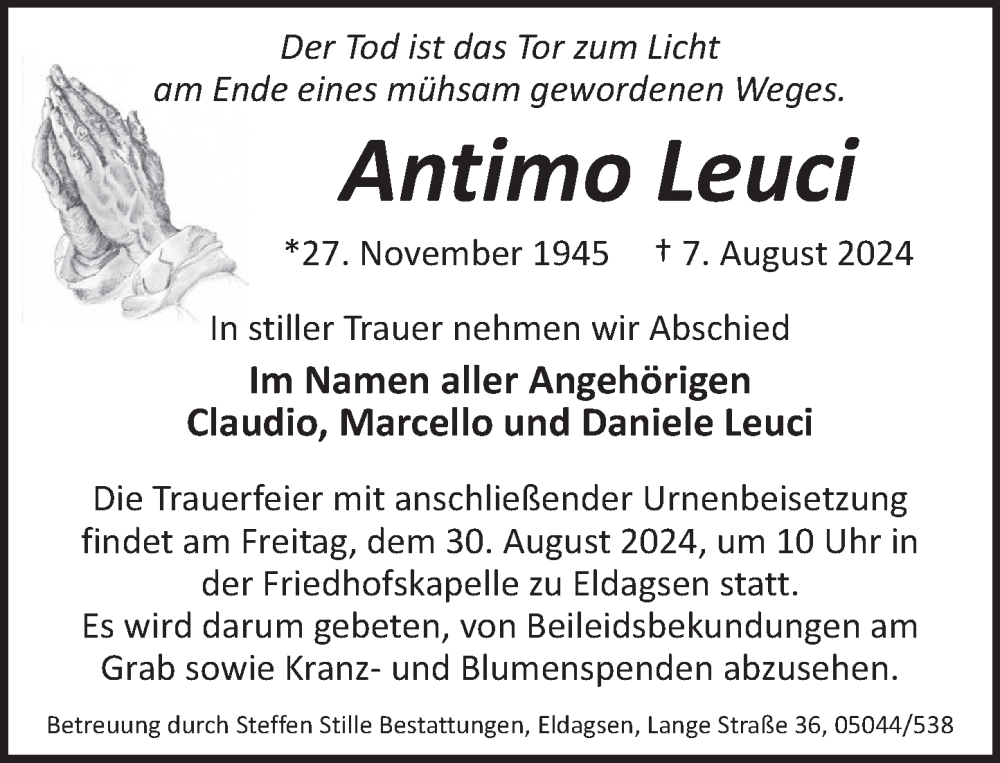  Traueranzeige für Antimo Leuci vom 24.08.2024 aus Neue Deister-Zeitung