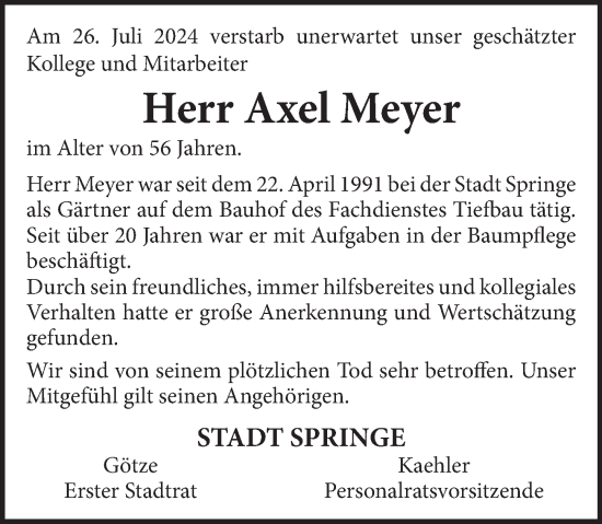Traueranzeige von Axel Meyer von Neue Deister-Zeitung