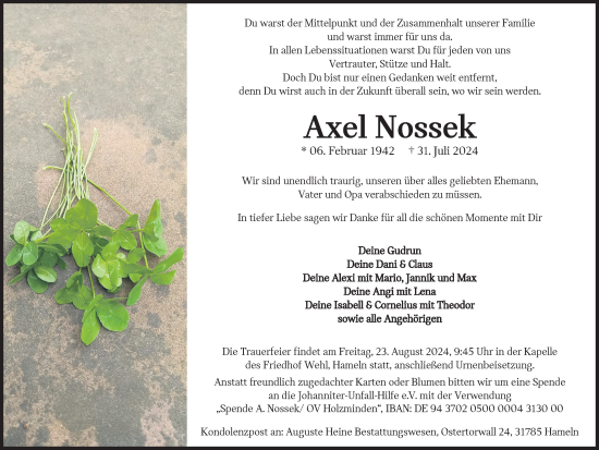 Traueranzeige von Axel Nossek von Deister- und Weserzeitung