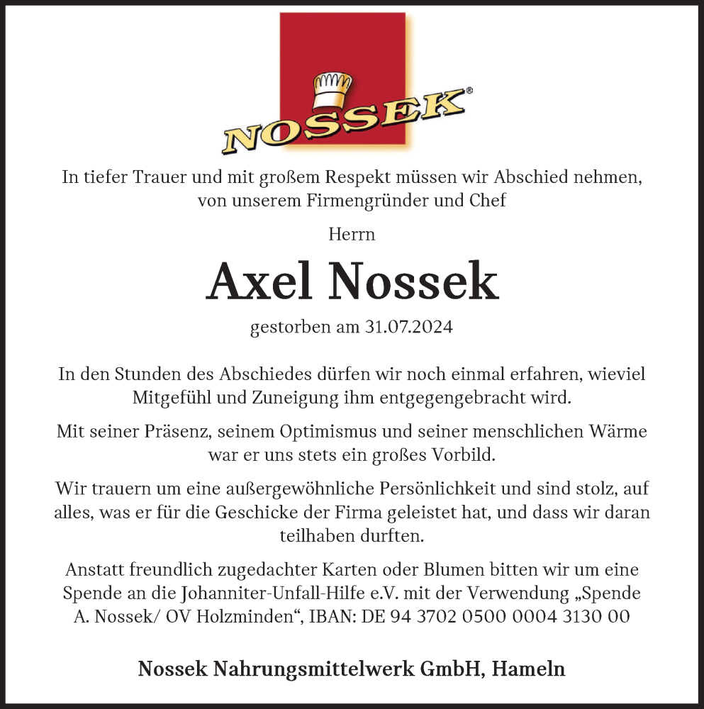  Traueranzeige für Axel Nossek vom 10.08.2024 aus Deister- und Weserzeitung