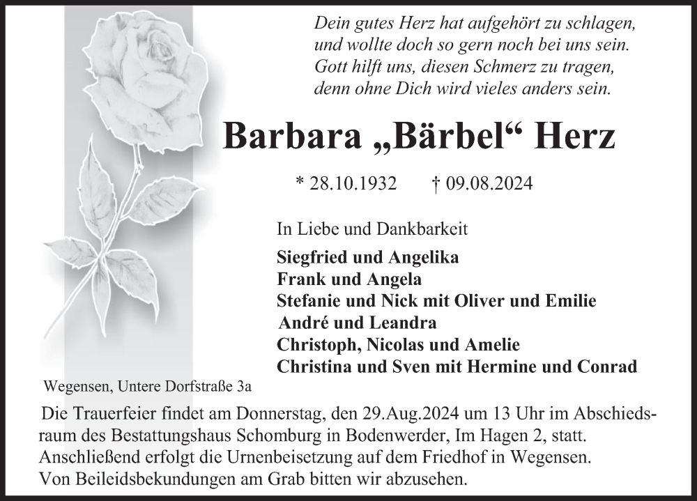  Traueranzeige für Barbara Herz vom 16.08.2024 aus Deister- und Weserzeitung