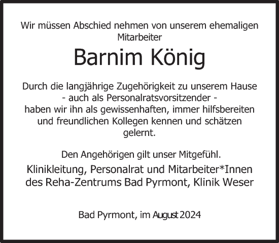 Traueranzeige von Barnim König von Deister- und Weserzeitung