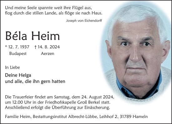 Traueranzeige von Bela Heim von Deister- und Weserzeitung