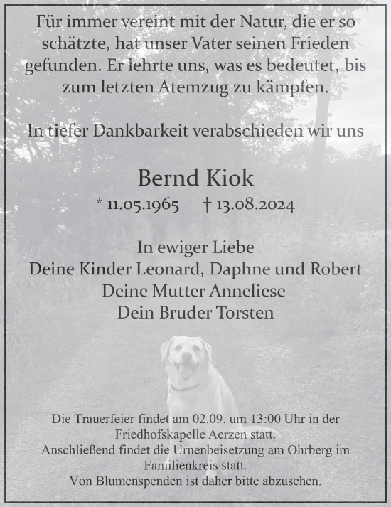 Traueranzeige von Bernd Kiok von Deister- und Weserzeitung