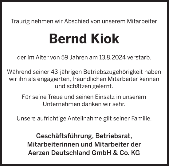 Traueranzeige von Bernd Kiok von Deister- und Weserzeitung