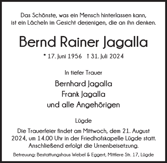 Traueranzeige von Bernd Rainer Jagalla von Deister- und Weserzeitung