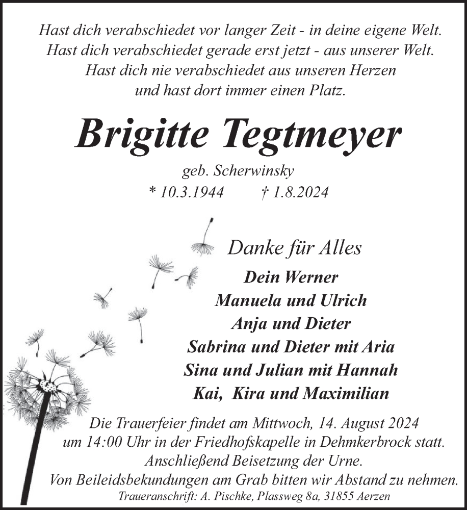  Traueranzeige für Brigitte Tegtmeyer vom 09.08.2024 aus Deister- und Weserzeitung